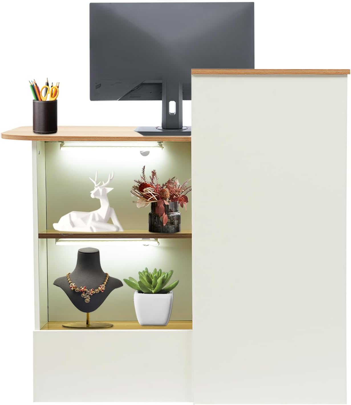 Moderne Empfangstheke mit LED-Beleuchtung & abschließbarer Schublade | 100cm Breite | Hochwertige Rezeptionstheke für Büro, Hotel, Laden (Warmweiß) – Elegante Verkaufstheke mit Stauraum & Kabelmanagem