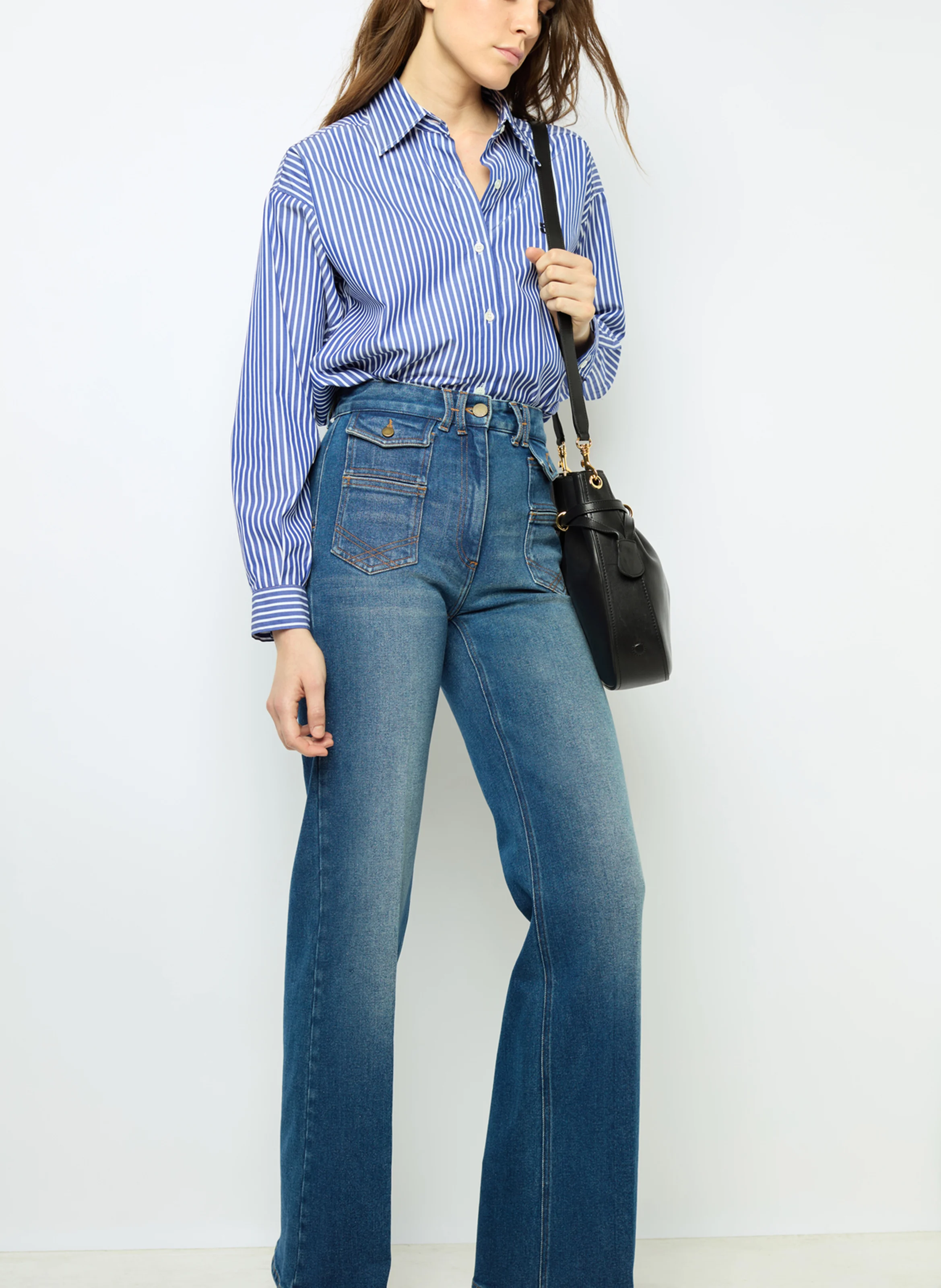 ANNA - Jean flare taille haute en coton mélangé | Bleu