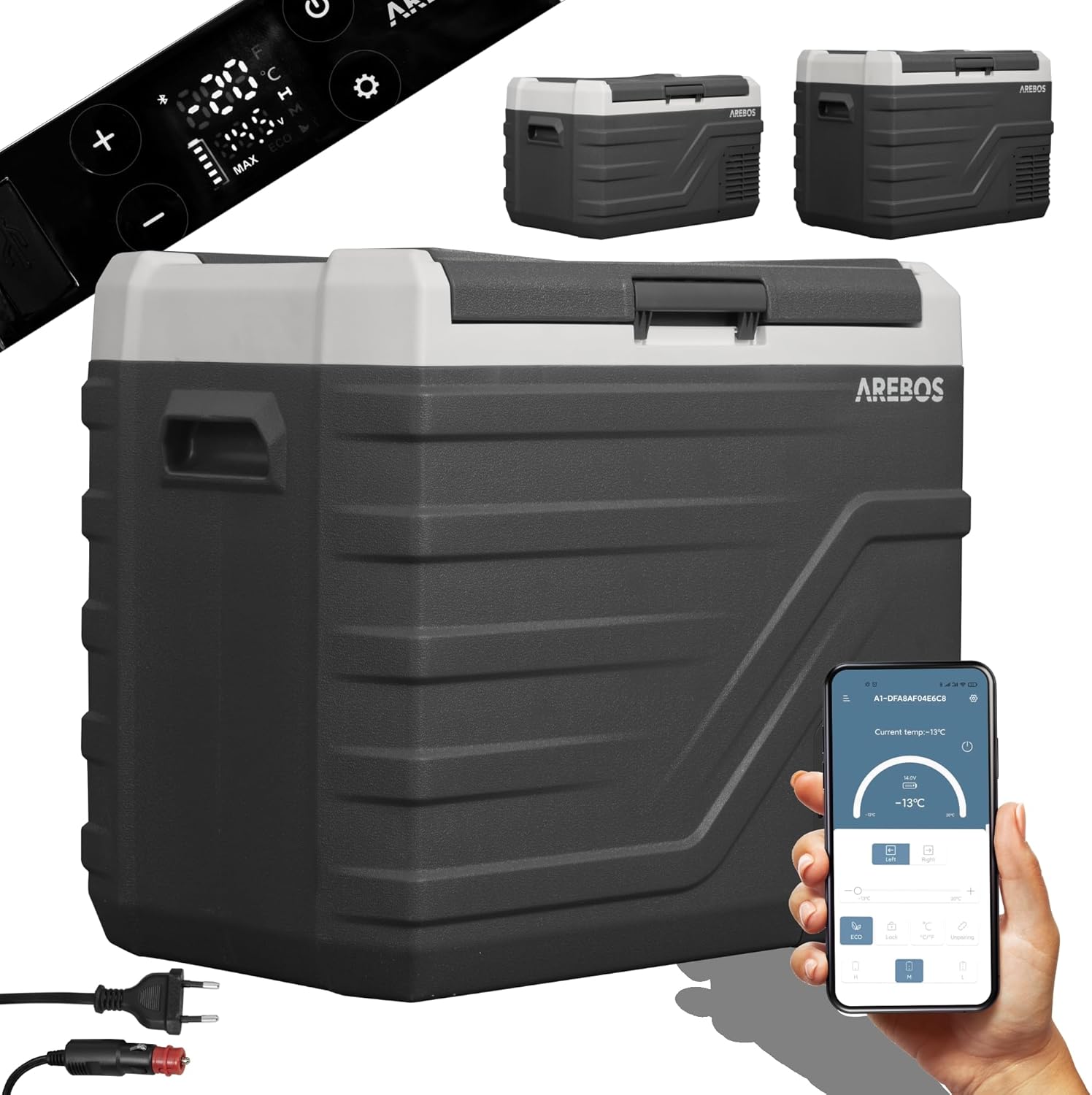 Arebos Kompressor Kühlbox 43 Liter | Elektrische Gefrierbox mit APP & Smart-Steuerung | Mobile Kühltruhe mit USB-Anschluss | bis -20 °C | 12/24 V 230V | für Auto,LKW,Camping,Boot,Wohnmobil