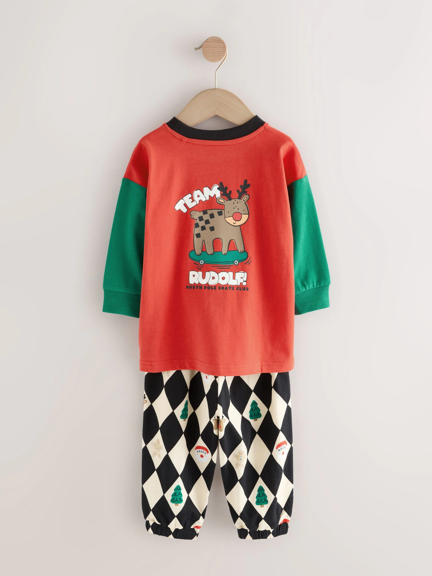 Rood/groen Harlequin - Enkele kerstpyjama (9mnd-12jr)