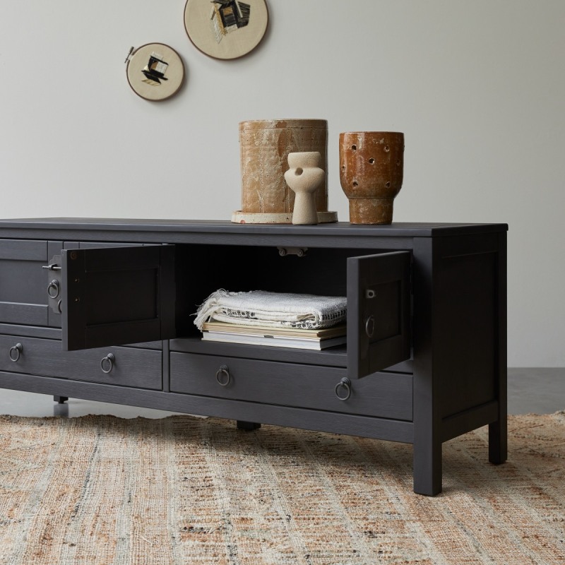 Meuble TV en pin massif L 140 cm Thaki Black
