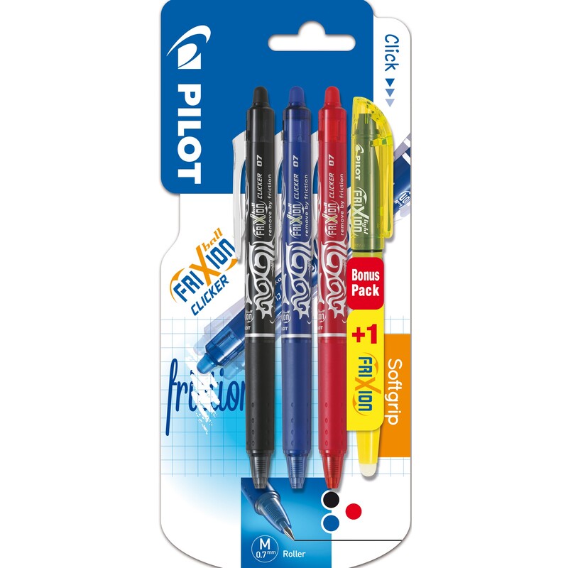 Pilot Rollerball FriXion Clicker, 3 + 1 Leuchtstift gratis, 0.7 mm