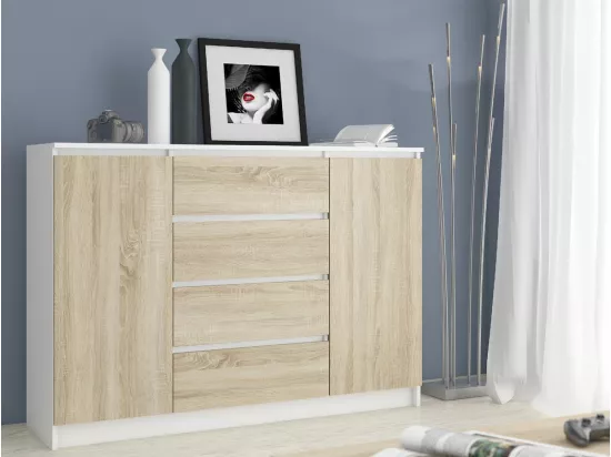 Grande Commode pour le salon AKORD K160 Blanche 160 cm 2 portes 4 tiroirs façade Chêne Sonoma 4 étagères 160x40x99 cm