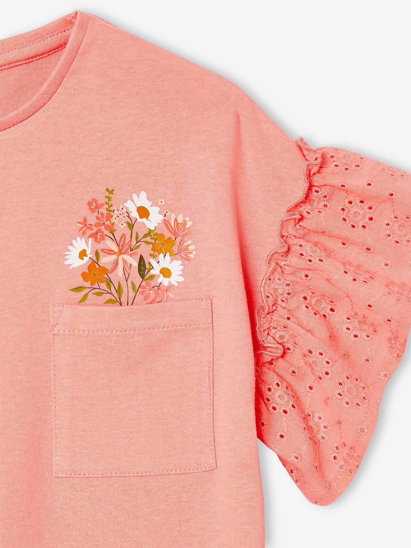 Camiseta off-white com mangas bufantes e bordado inglês para meninas