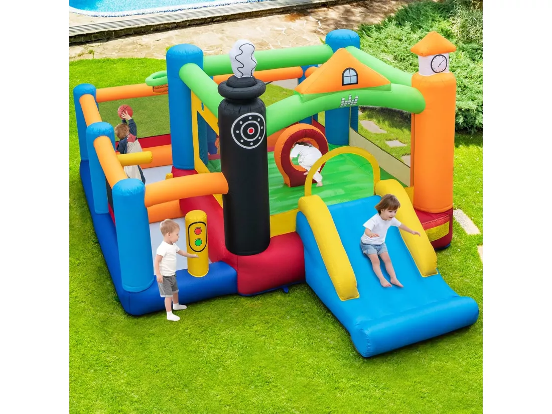 5 en 1 Château Gonflable avec Toboggan, Aire de Jeux Gonflable avec Thème de Train, 3 Fosses à Balles, Panier de Basketball, 50 Balles Colorées (sans souffleur)