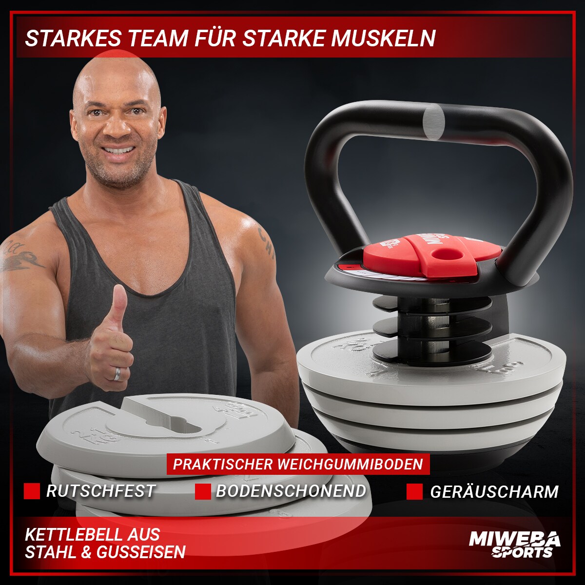 Miweba Sports Kettlebell KB300, verstellbar, 3,4-18 kg, 6 Gewichtscheiben, Easy-Lock-Mechanismus