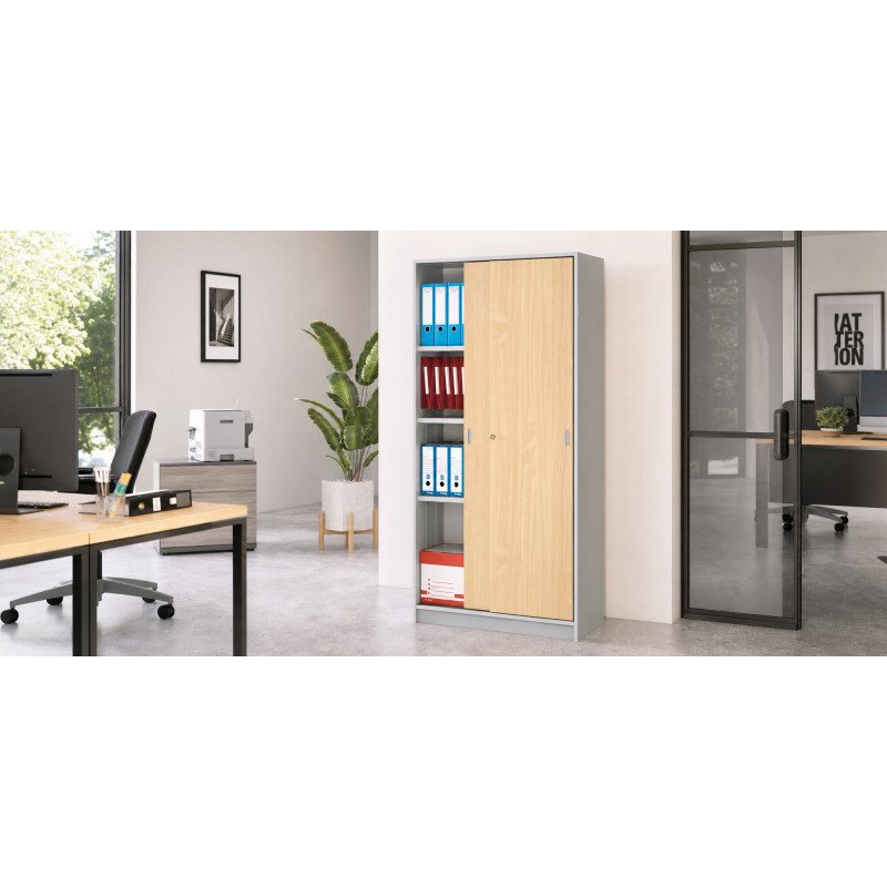 Armoire Harmonie H 180 x L 90 x P 44 cm corps aluminium portes coulissantes bois