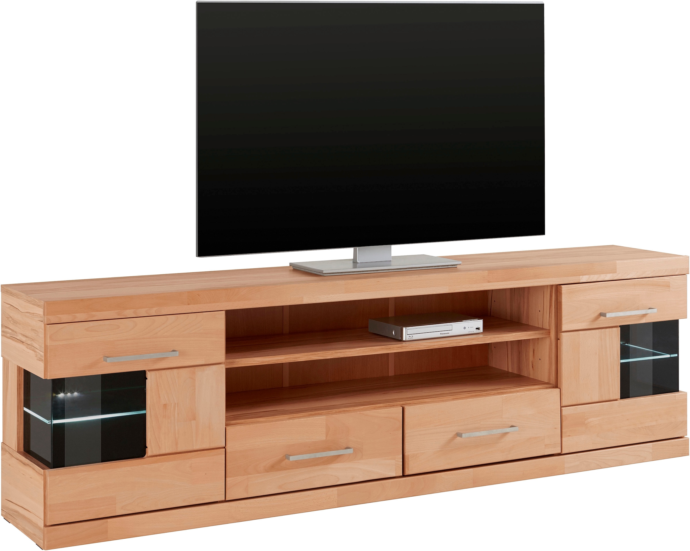 Home affaire Lowboard »Ribe,180cm breit, Fronten Massivholz,6 Fächer,Kabeldurchführung« Korpus Holzwerkstoff,Glaseinsatz aus gehärtetem Glas,Böden versetzbar