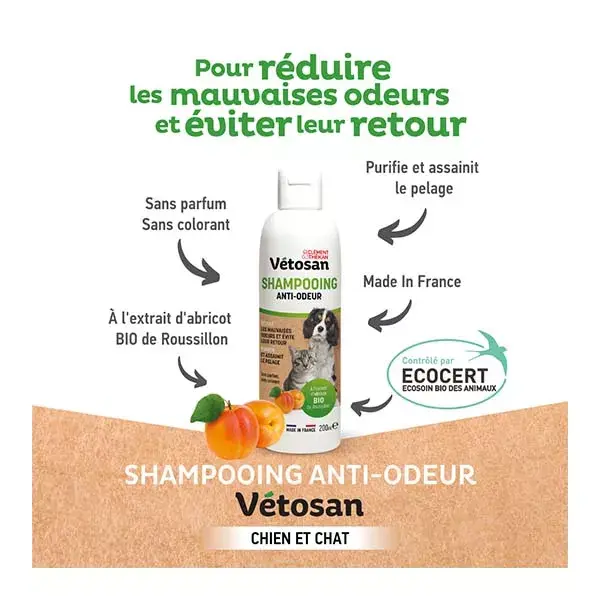 Shampoo Anti-Odor Vétosan para Cães e Gatos Clément Thékan 200 ml