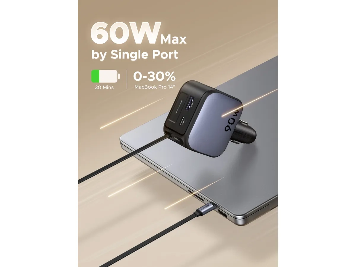 (90W) USB C / USB A Auto Ladegerät Fast Car Charger mit ausziehbarem USB C Ladekabel (55909B) - Silber / Schwarz