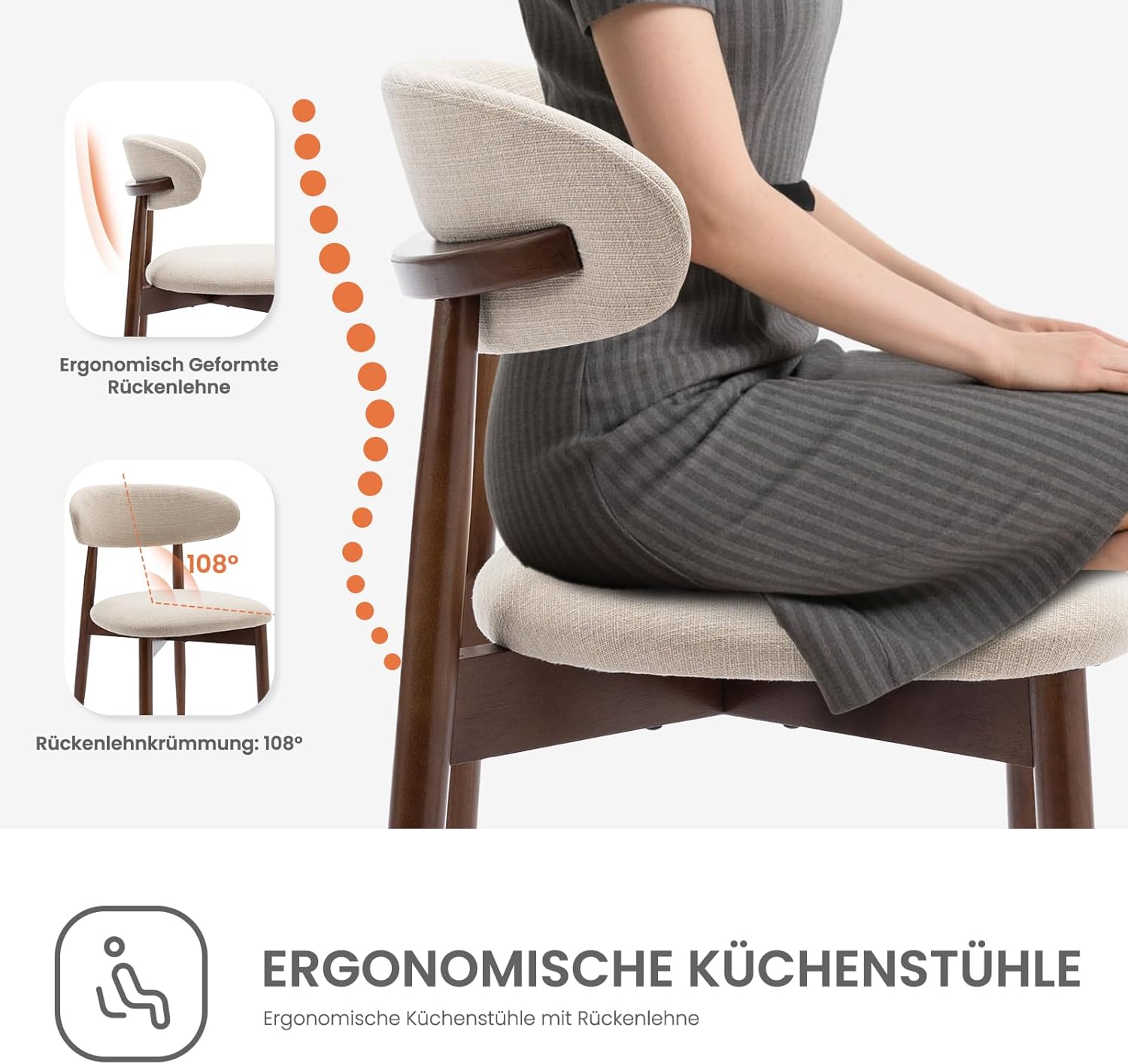 COLAMY Küchenstuhl Esszimmerstühle 6er Set, Moderne Polsterstuhl Essstühle mit Fester Rückenlehne, Stoff Esszimmerstühl mit Holzbein für Esszimmer, Küche, Restaurant, Beige