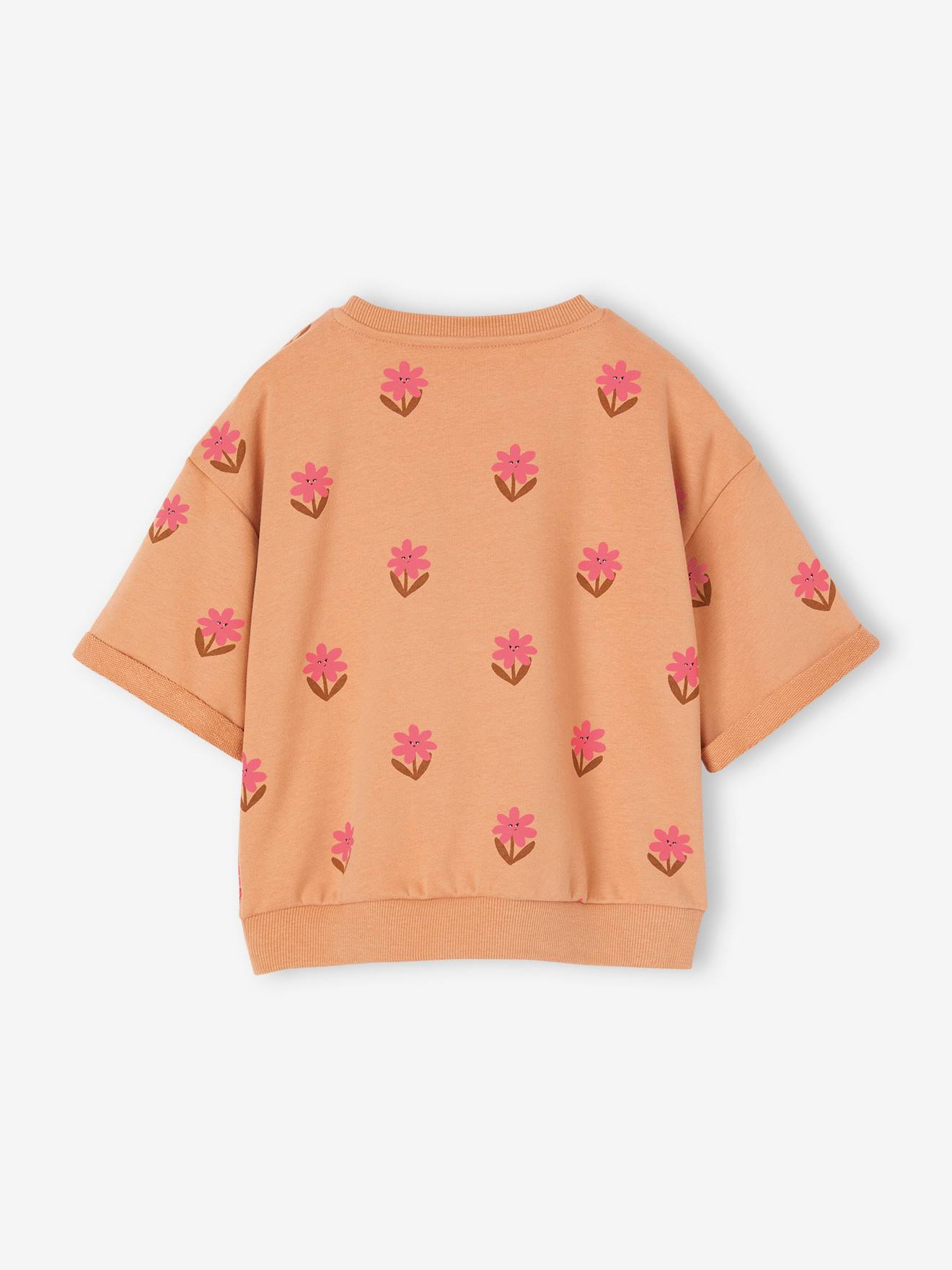 Blusa de moletom de manga curta com estampa floral pêssego para meninas