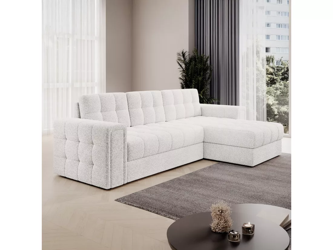 Canapé d'angle droit convertible réversible Veziko Bouclette Blanc
