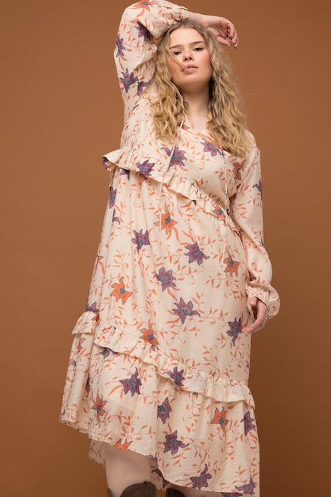 Maxikleid, A-Line, Blumen Print, Rüschen, Tunika-Ausschnitt, Langarm