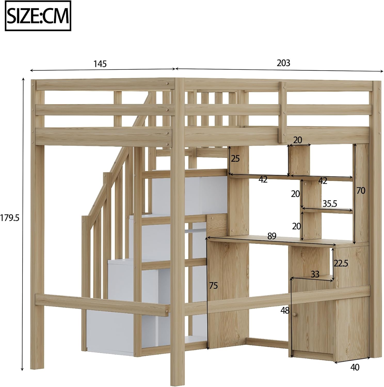 Merax Hochbett 90x200 cm, Massivholzrahmen, mit Arbeitstisch, Regalen & Schränken, sicherer Stauraum-Treppe, platzsparendes Jugendbett/Kinderbett, Holzfarbe (ohne Matratze)