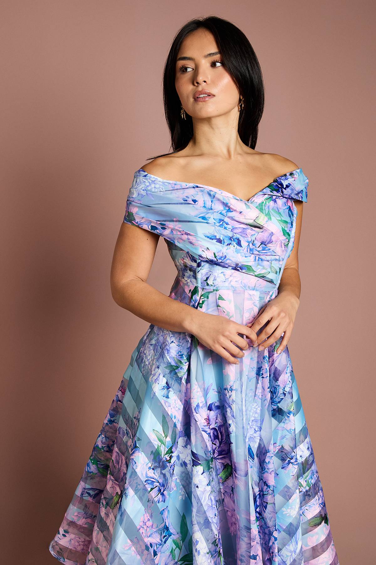 Coast Robe Midi Petite à Rayures en Organza avec Haut Plissé