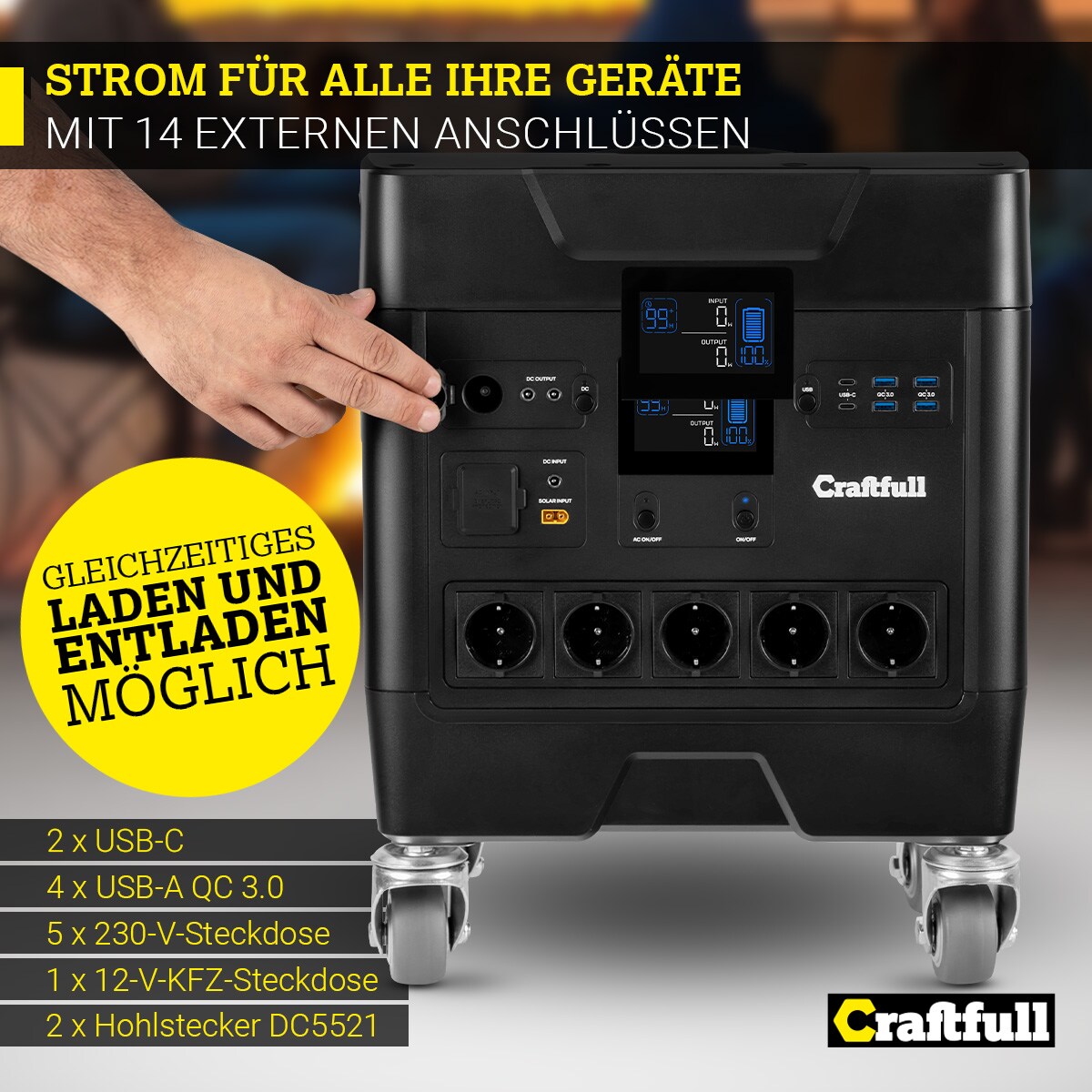 Craftfull Powerstation Fast Charge PS3600, 2.000 Watt, Trolley-Funktion, LiFePO4, USB, 12 V, 230 V (Classic)