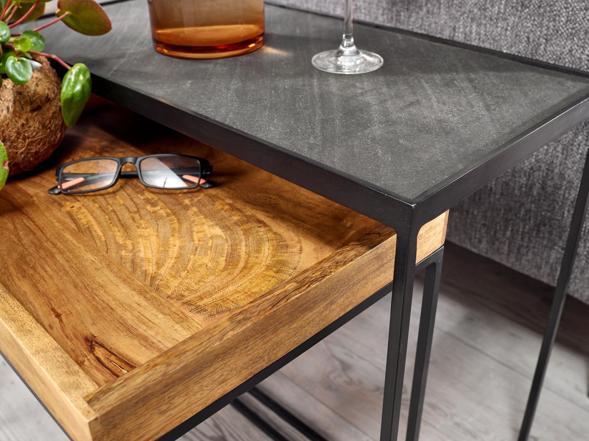Beistelltisch FineBuy Satztisch Massivholz Stein 2 teilig Couchtisch Tisch Set