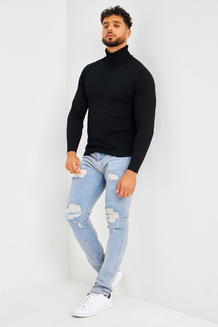 Pull col roulé noir uni