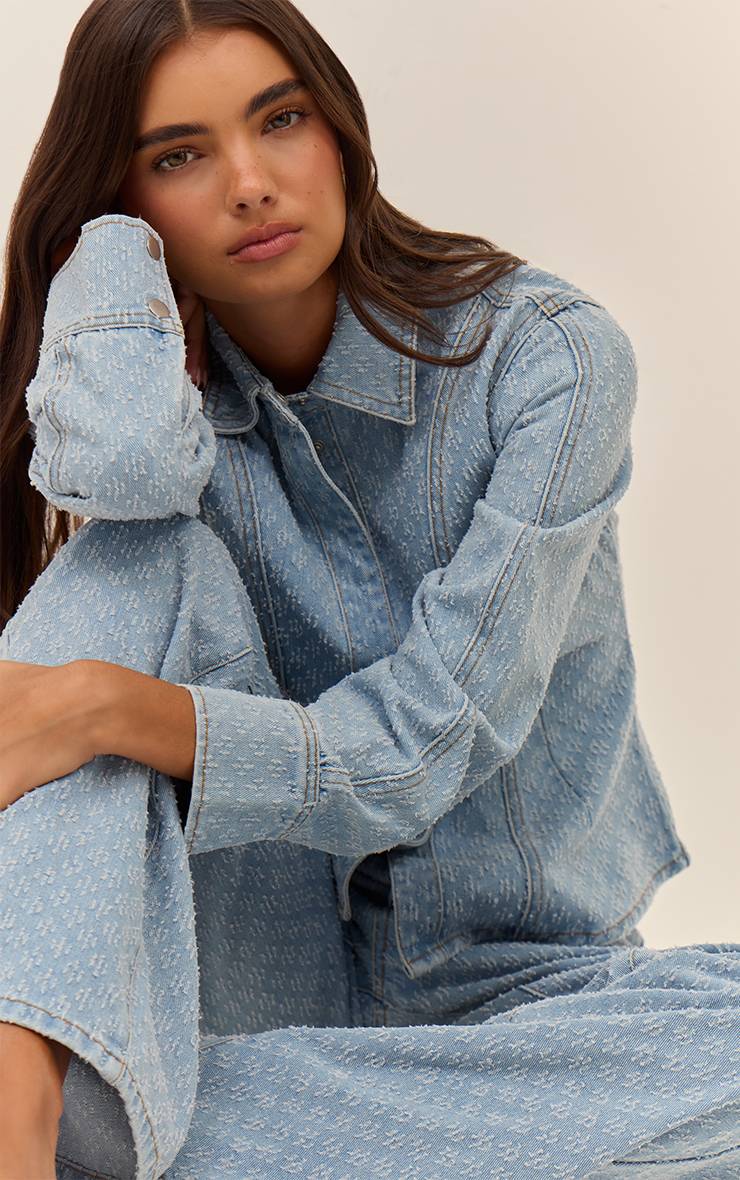 Bleu Clair Chemise En Denim Bouclé À Manches Ballon Et Taille Cintrée