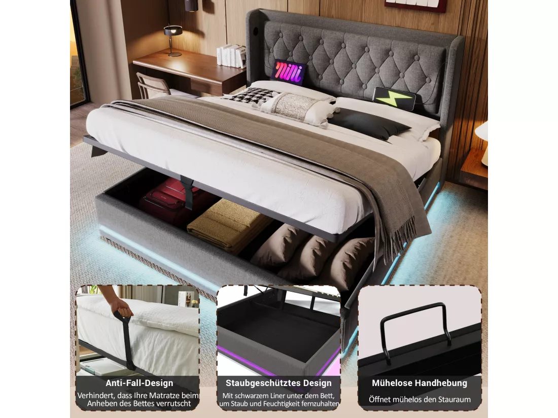Lit coffre 140 x 200 cm avec tête de lit - Prises USB et Type-C - LEDs - Tissu en coton - Gris (sans matelas)
