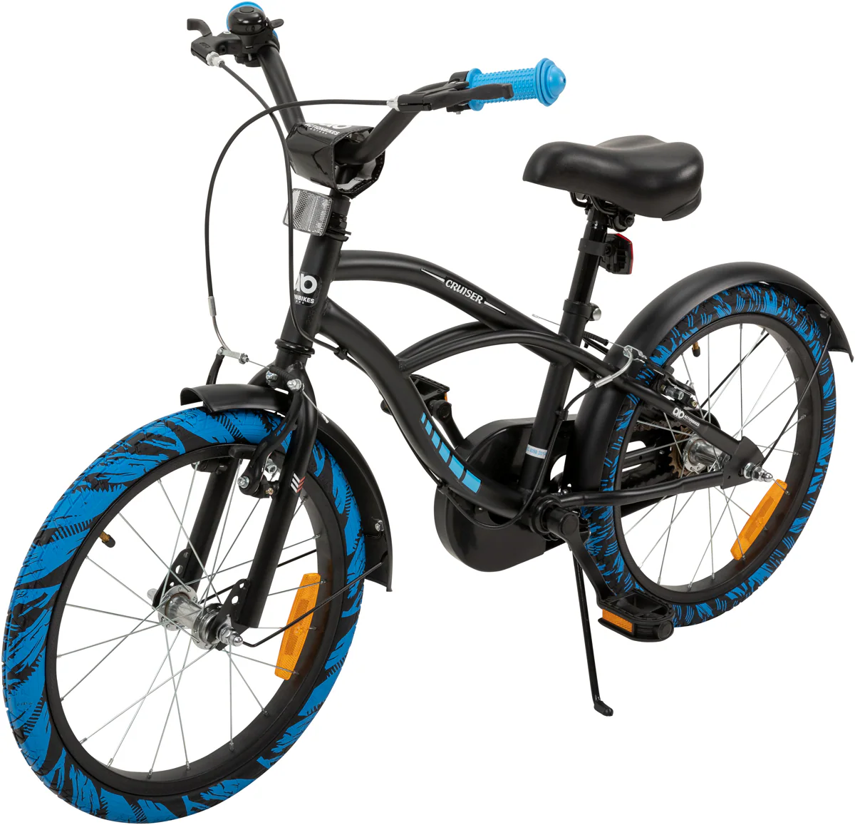 Actionbikes Kinderfahrrad Cruiser 18 Zoll, schwarz, Fahrradständer, Antirutschgriffe, Lenkerschutz (Schwarz/Blau)