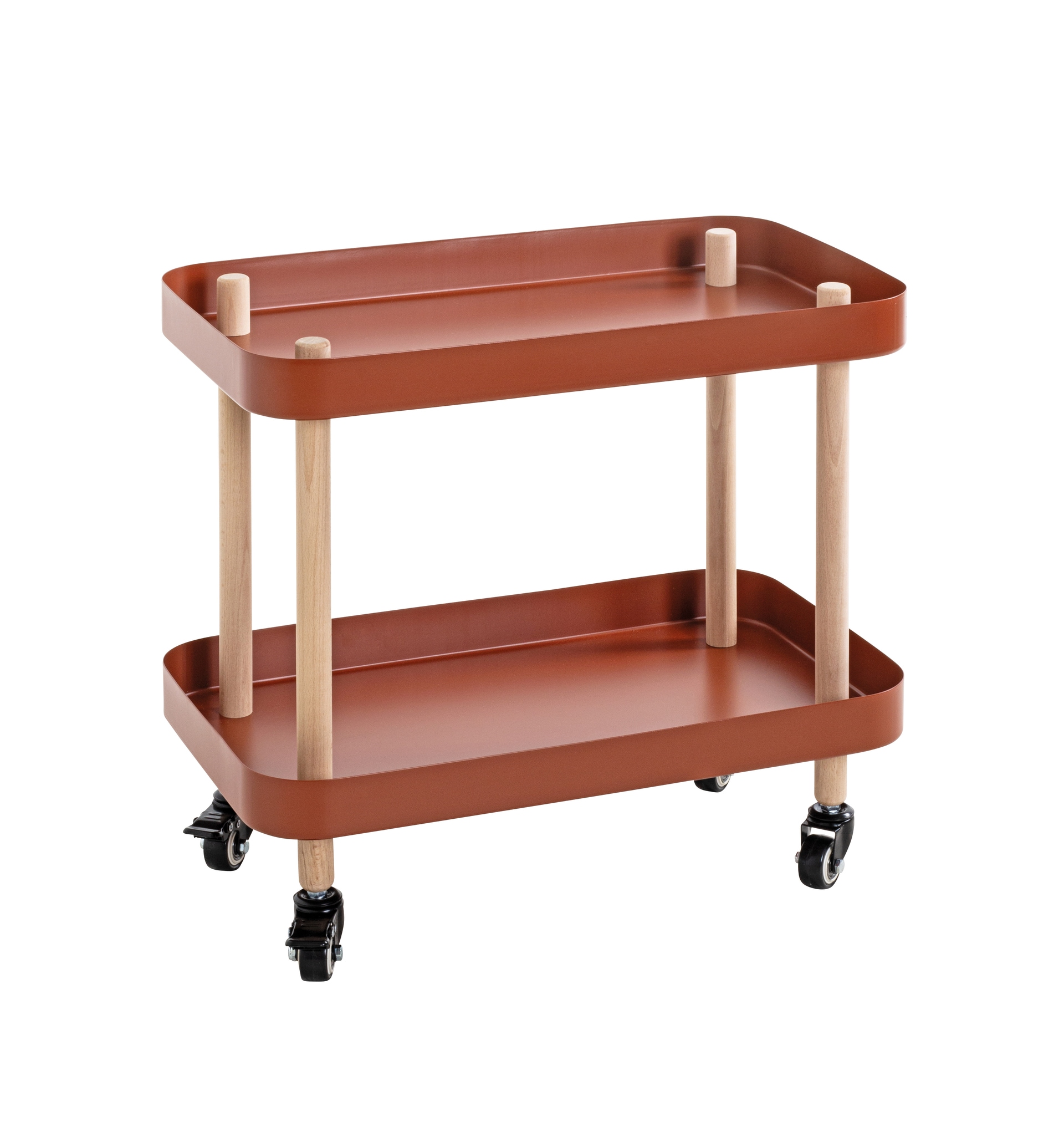 Beistelltisch auf Rollen 50 x 47 cm rot/Massivholz natur