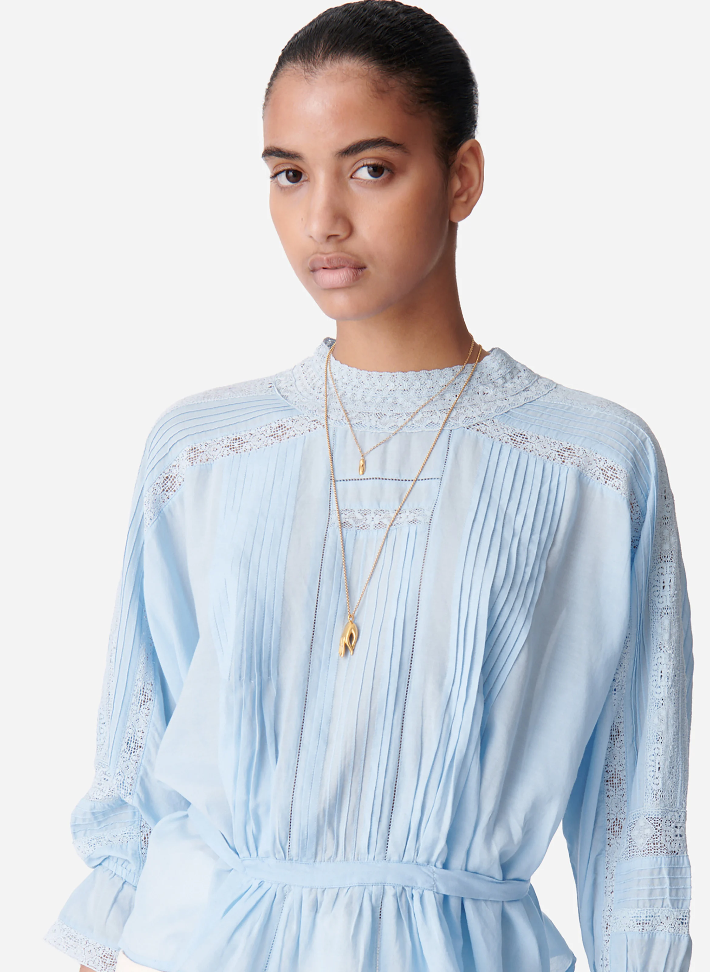 VIVA - Blouse col rond en dentelle et coton mélangé| Bleu