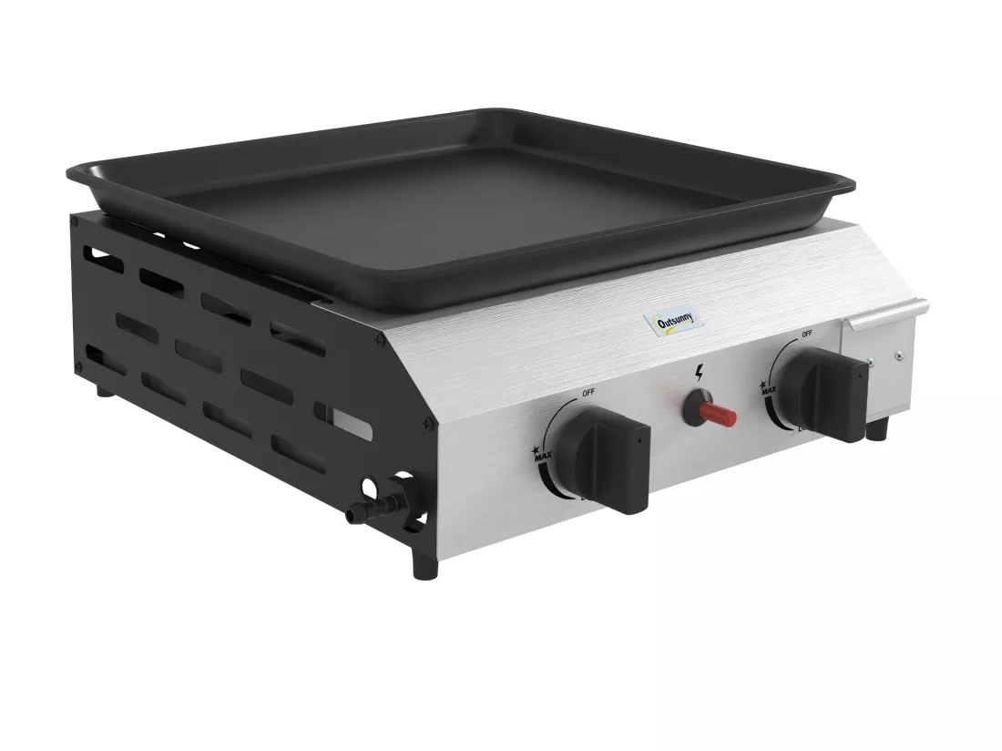 Plancha gaz portable antiadhésive 2 brûleurs 4,8 kW surface cuisson 40L x 34l cm acier inox émaillé