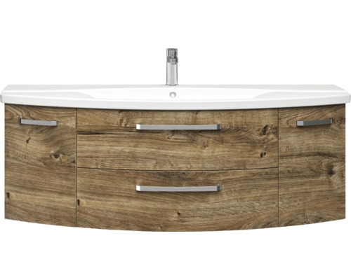 3-delige badkamermeubelset Pelipal xpressline 4010 BxHxD 144 x 200 x 49,5 cm, frontkleur eiken ribbeck, met keramische wastafel in wit en keramische wastafel, wastafelmeubel, spiegelkast met LED-verlichting, greep chroom hoogglans 4010.1400169 401014
