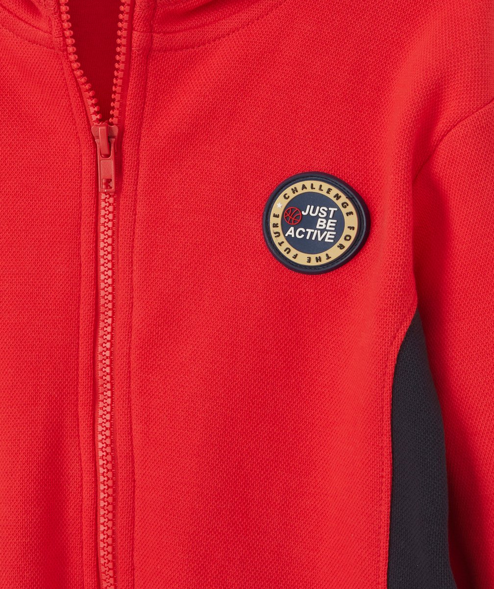 SWEAT ZIPPÉ À CAPUCHE GARÇON ROUGE AVEC BANDES BLEU MARINE