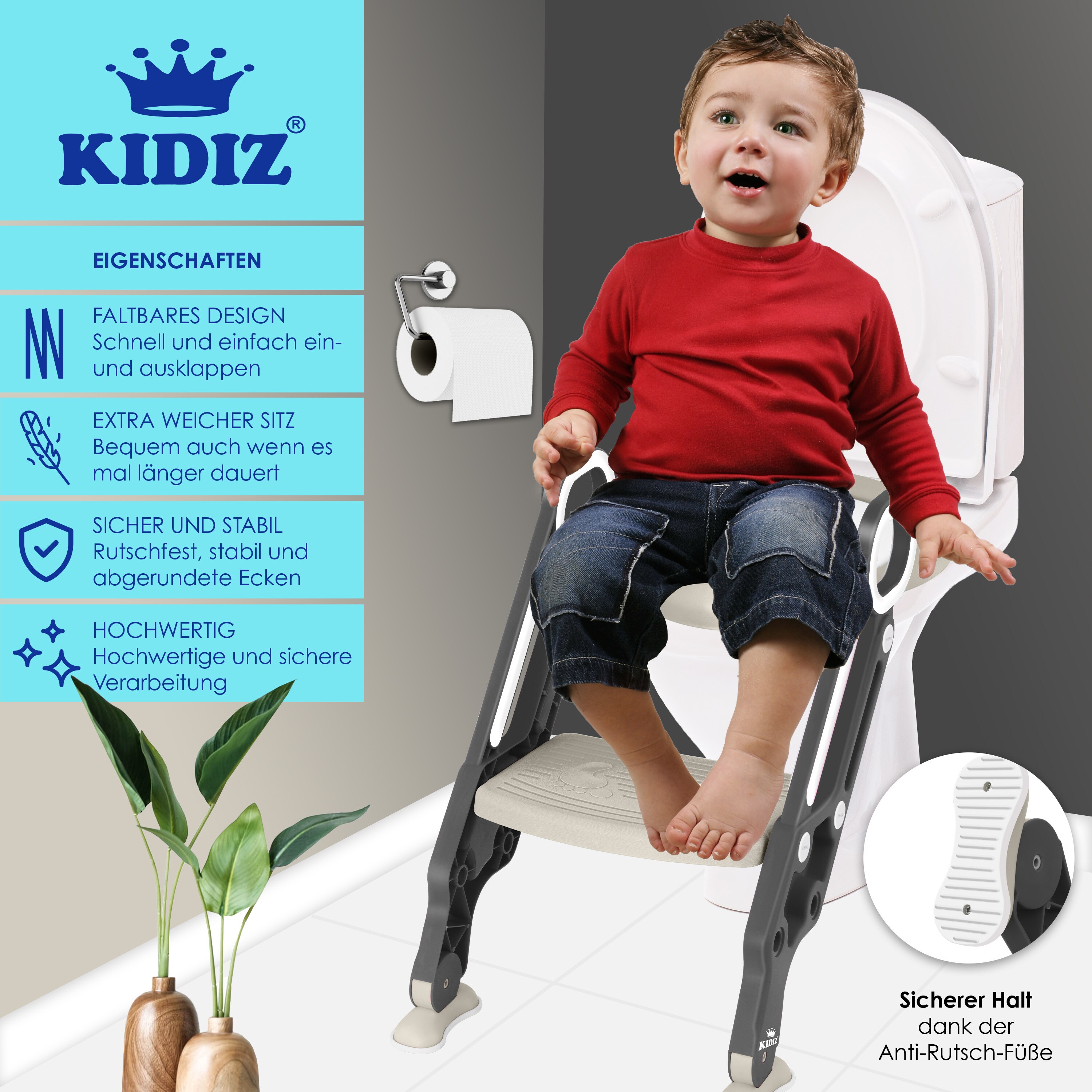 KIDIZ® Kinder Toilettensitz Toilettentrainer mit Treppe und Griffe Faltbar Kindertoilette WC Sitz Töpfchentrainer Lerntöpfchen bequemem Kissen und breiten Stufen Toilettentreppe höhenverstellbar