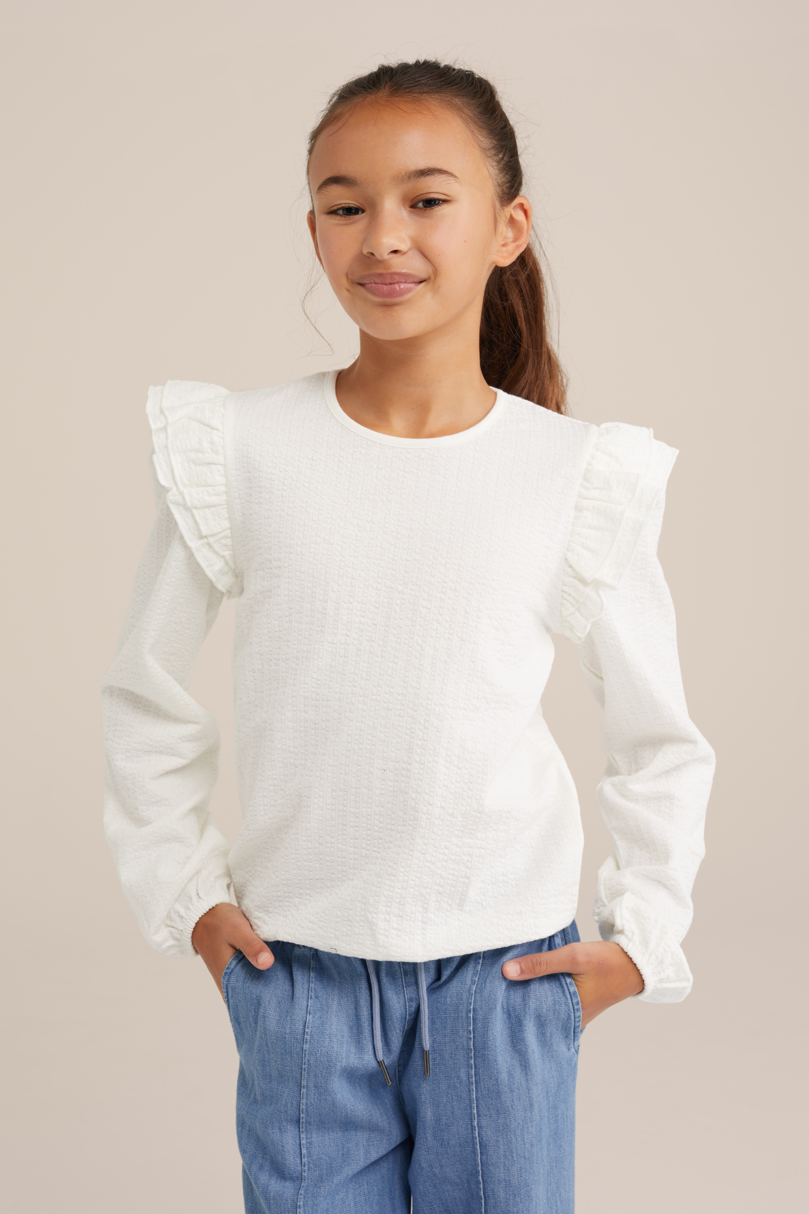 Meisjes T-shirt met structuur WE Fashion Gebroken wit