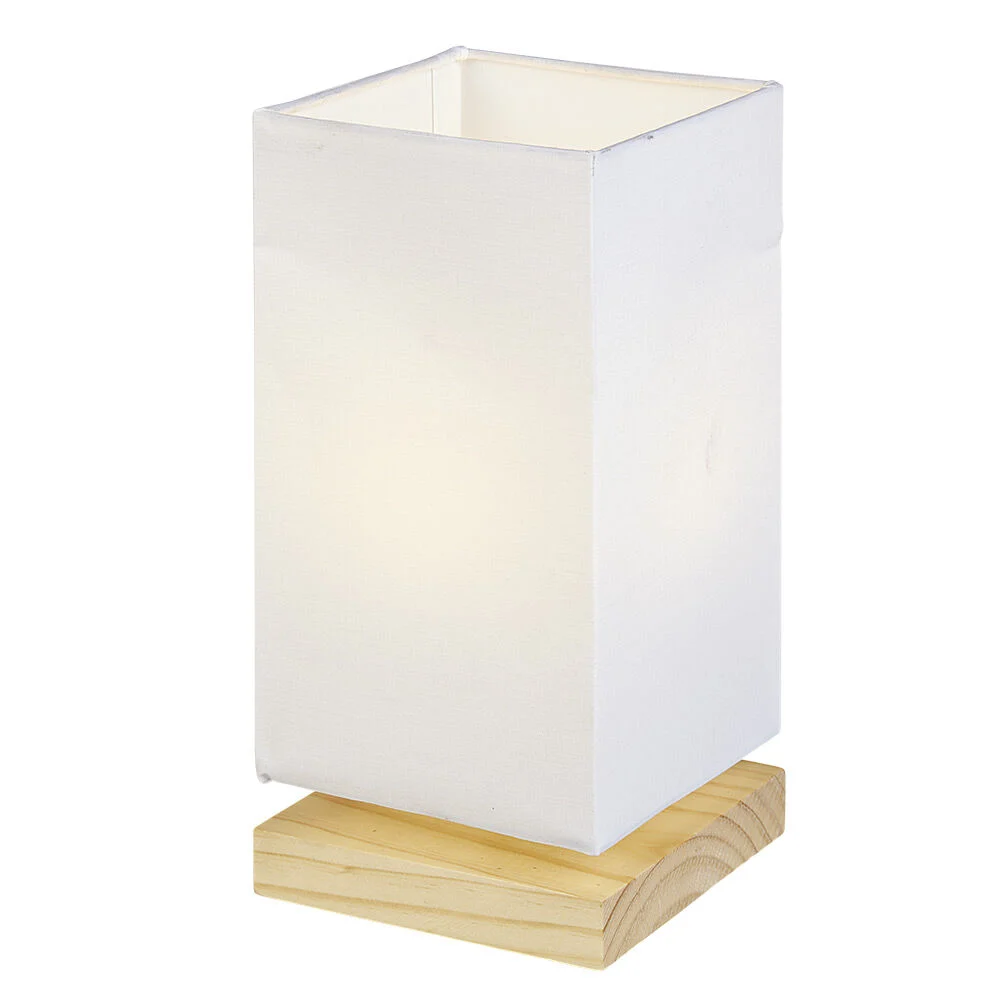 Lampe de chevet abat jour blanc sur base carrée en pin naturel