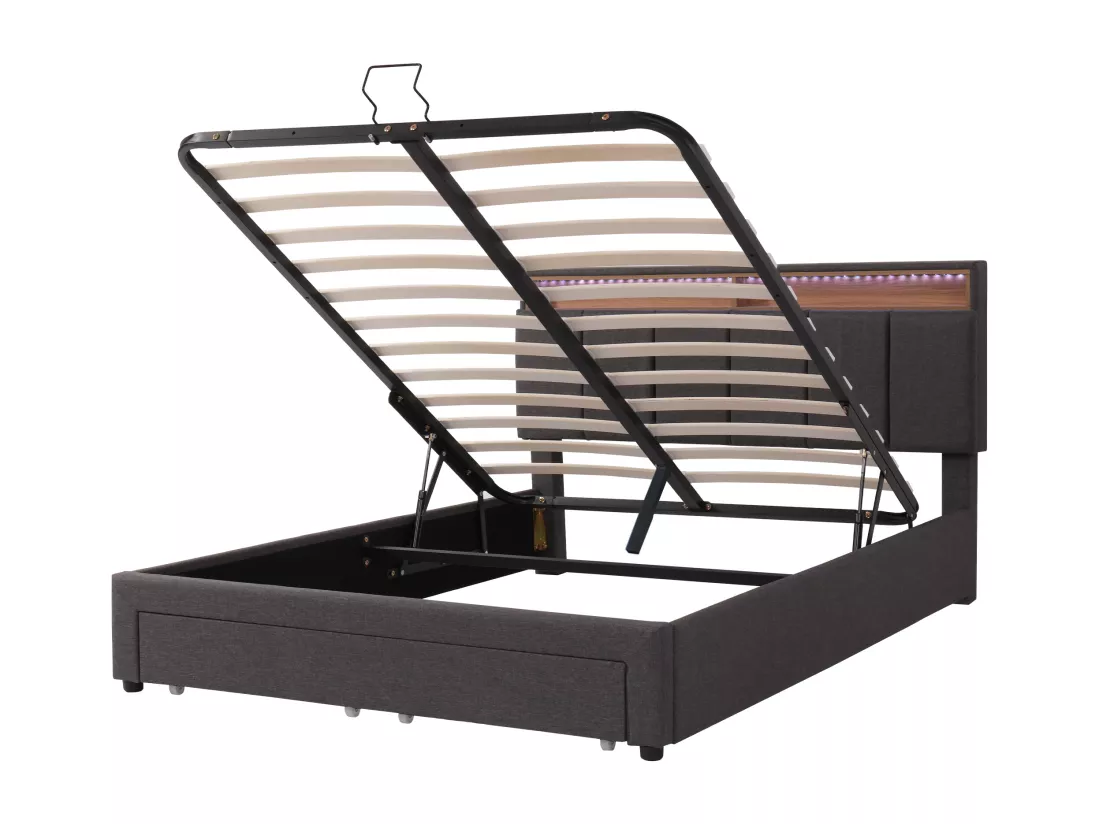 Lit coffre rembourré 140x190cm en lin avec tiroirs - tête de rangement avec LED - sommier à lattes - Gris