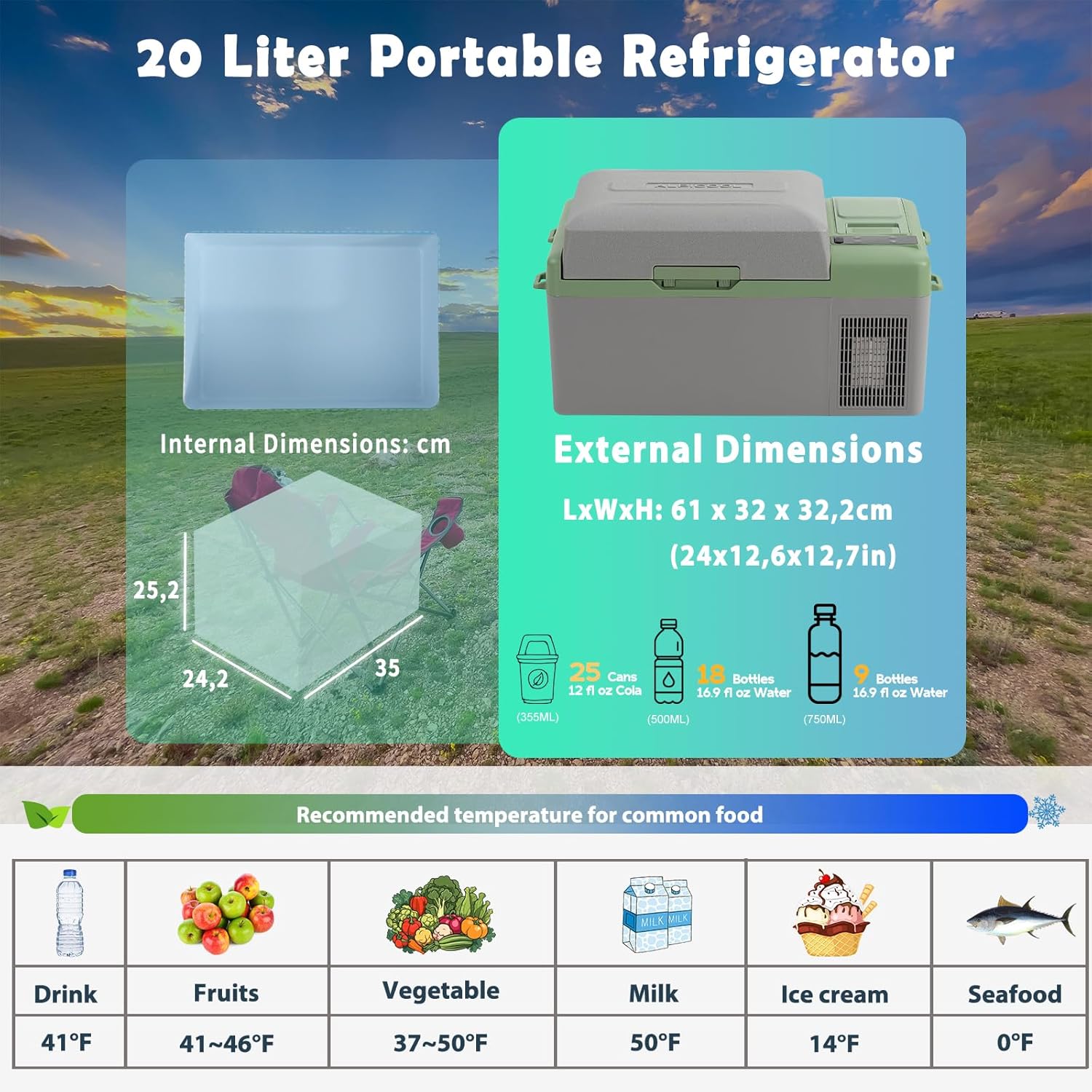 Alpicool Y19E 20L Kompressor Kühlbox 12v Mini Kühlschrank Elektrische Camping-Gefrierbox Klein Tragbare für Auto, Lkw, Boot, RV mit USB Anschluss,-20℃-20℃,Wiederaufladbar(Batterie nicht enthalten)