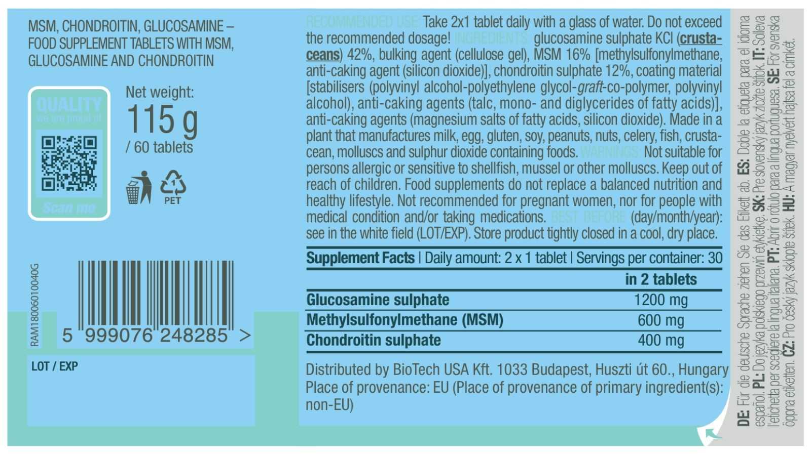 Biotech USA MSM Condroitina Glucosamina 60 comprimidos