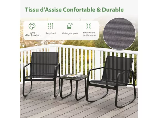 Salon de Jardin 3 Pièces avec Chaises à Bascule Table en Verre, Ensemble de Meuble Extérieur 2 Fauteuils Cadre Métallique Charge 150KG, pour Porche Bord de Piscine Balcon