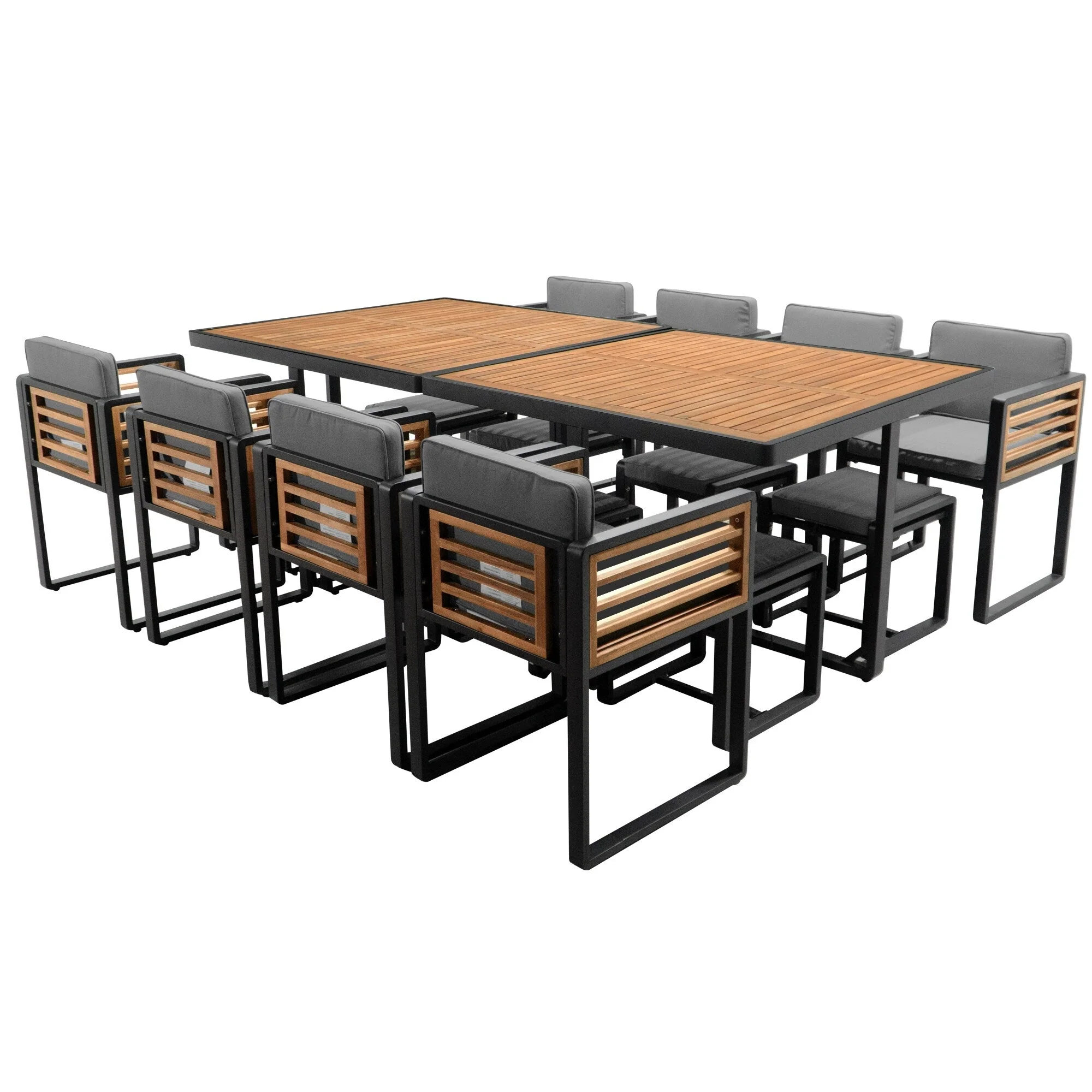 18-Pieces Acacia Wood Patio Dining Set, 8 Cushioned Chairs & 8 Ottomans & 2 Square Table