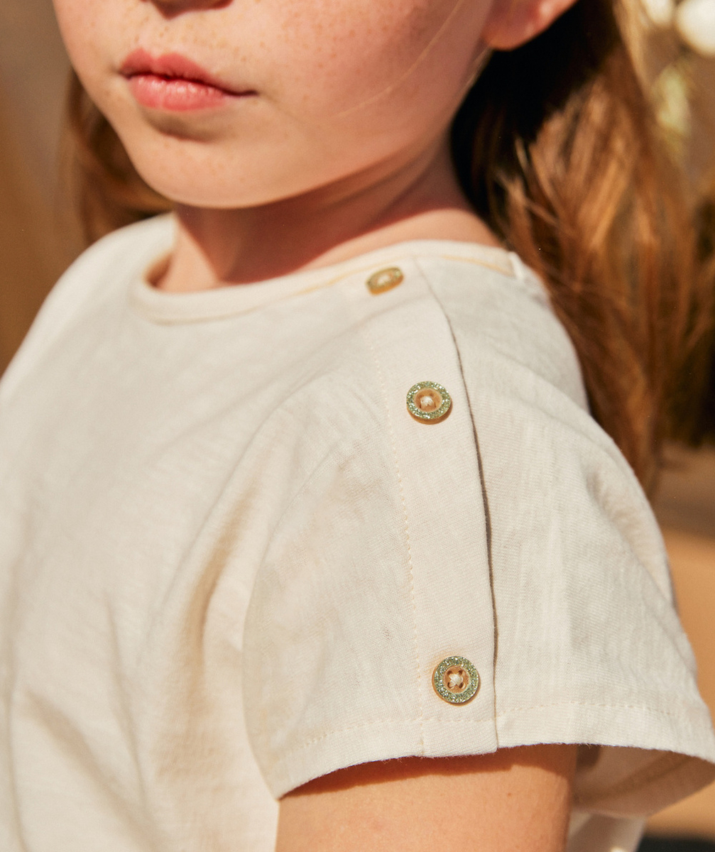 T-SHIRT FILLE ÉCRU EN COTON BIO AVEC BOUTONS PAILLETÉS