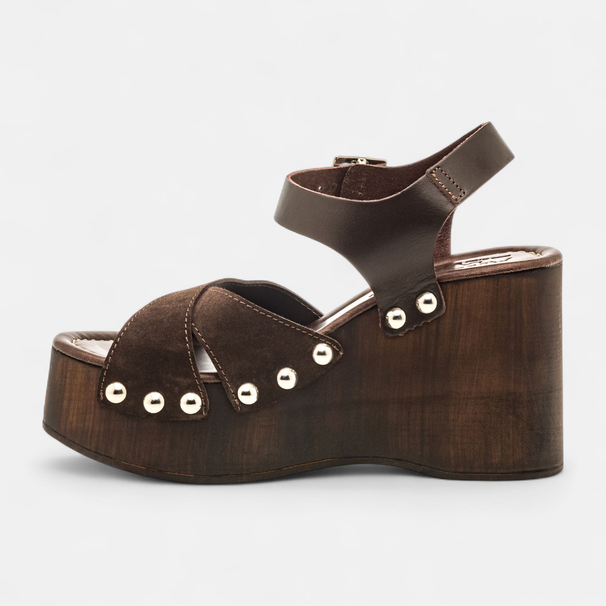 Chaussures semelle bois à talon compensé Femme en cuir marron