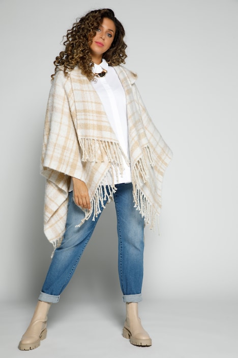 Poncho, Karomuster, Kapuze, Fransensaum, Kuschelstrick