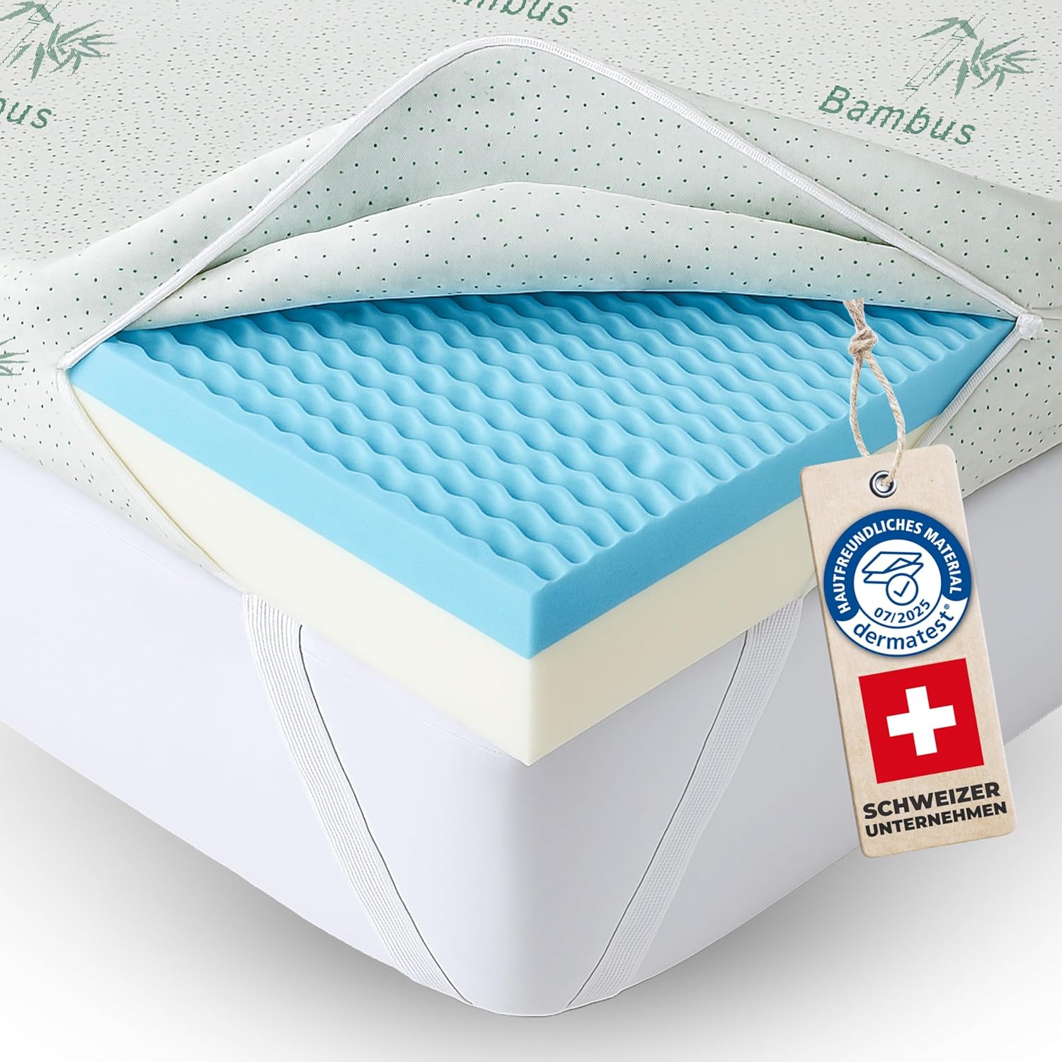 Welldora Premium Topper 180x200cm – ideal für unbequeme Matratze, Schlafsofa & Boxspringbett, wendbar mit 2 Härten, orthopädischer 5-Zonen-Matratzentopper, Oeko-TEX, Bambus & fachärztlich geprüft