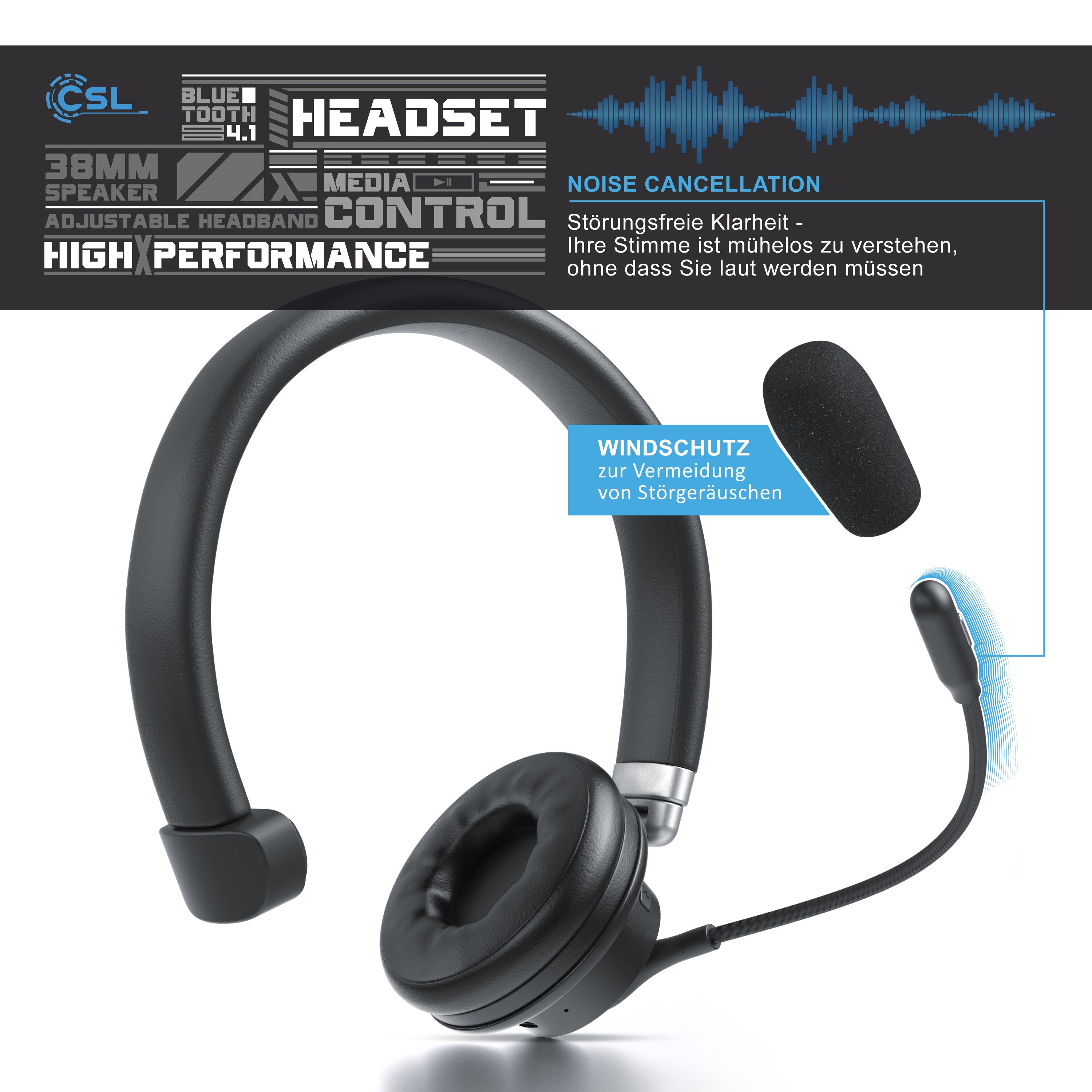 CSL Bluetooth 4.1 Headset 38mm - Kopfhörer mit flexiblem Mikrofon - Multipoint - kabellos - leicht - freisprechen - für Auto und LKW Computer VoIP