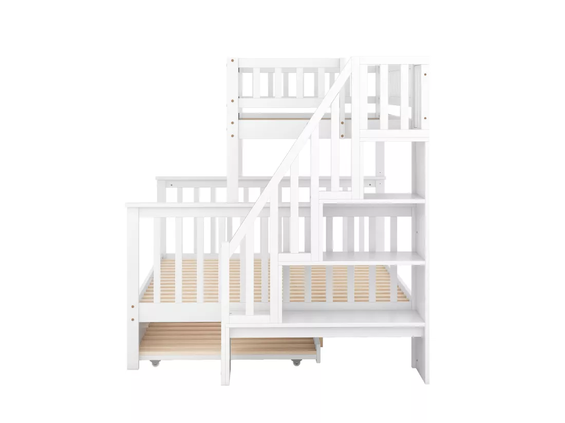 Lit superposé avec lit gigogne 3 places - 90 x 200 cm + 140 x 200 cm - escalier et étagères de rangement - pin et MDF - blanc