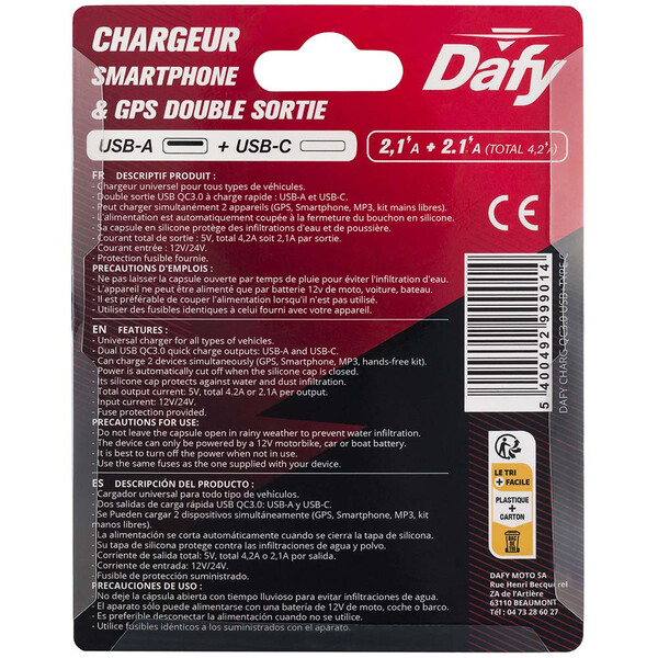 Dafy Moto - Chargeur QC3.0 USB + Type C