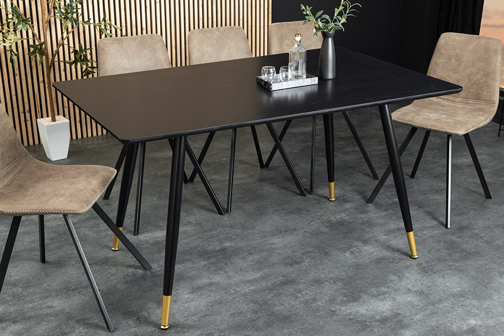 Design Esstisch PARIS 120cm schwarz Eichenholz mit goldenen Fußkappen