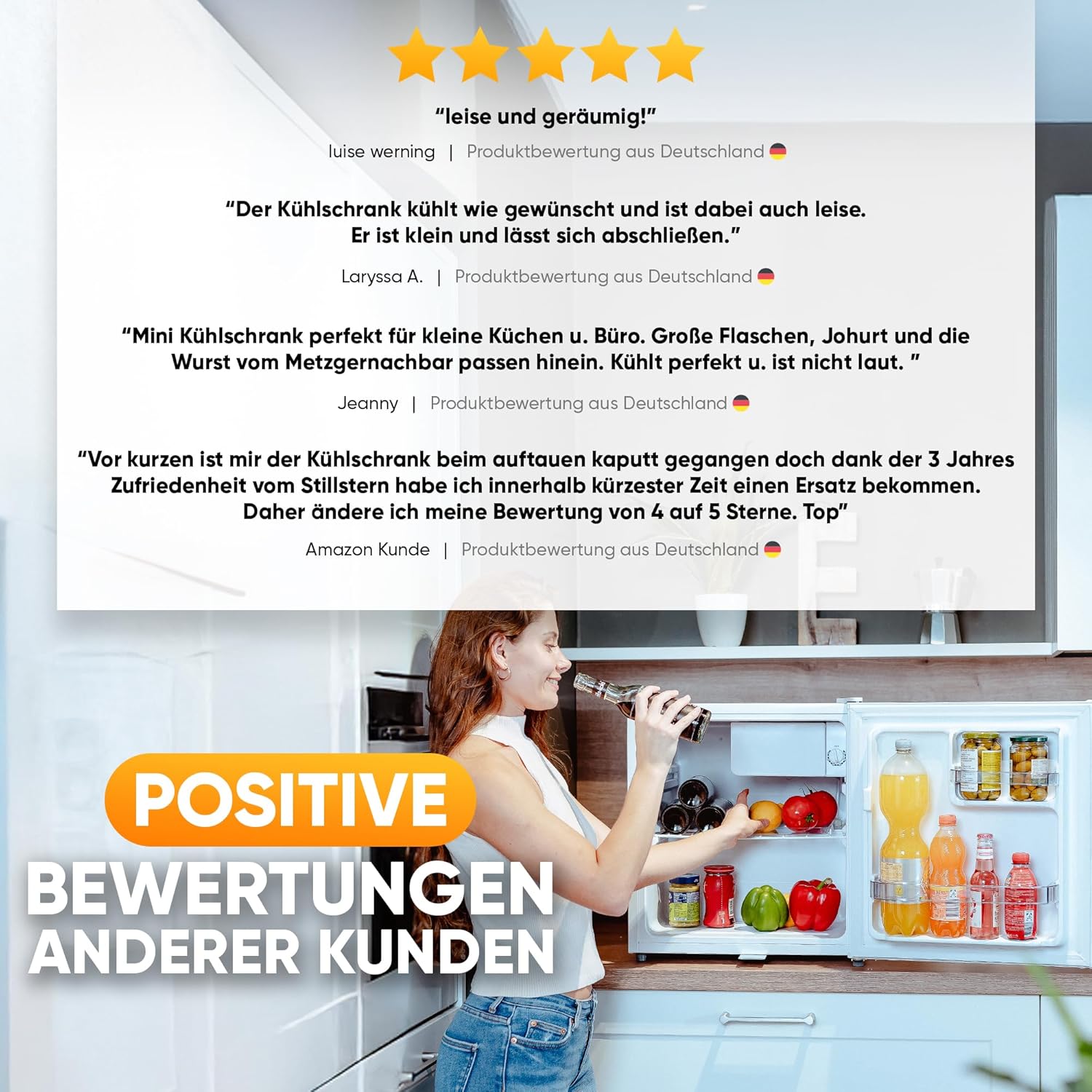 Stillstern Mini Kühlschrank E 45L mit Abtauautomatik, Schloss, Frostfach, Leise, Ideal für Küche, Büro, Schlafzimmer, Hotels und kleine Wohnungen Kühlschrank klein Minibar Getränkekühlschrank Weiß