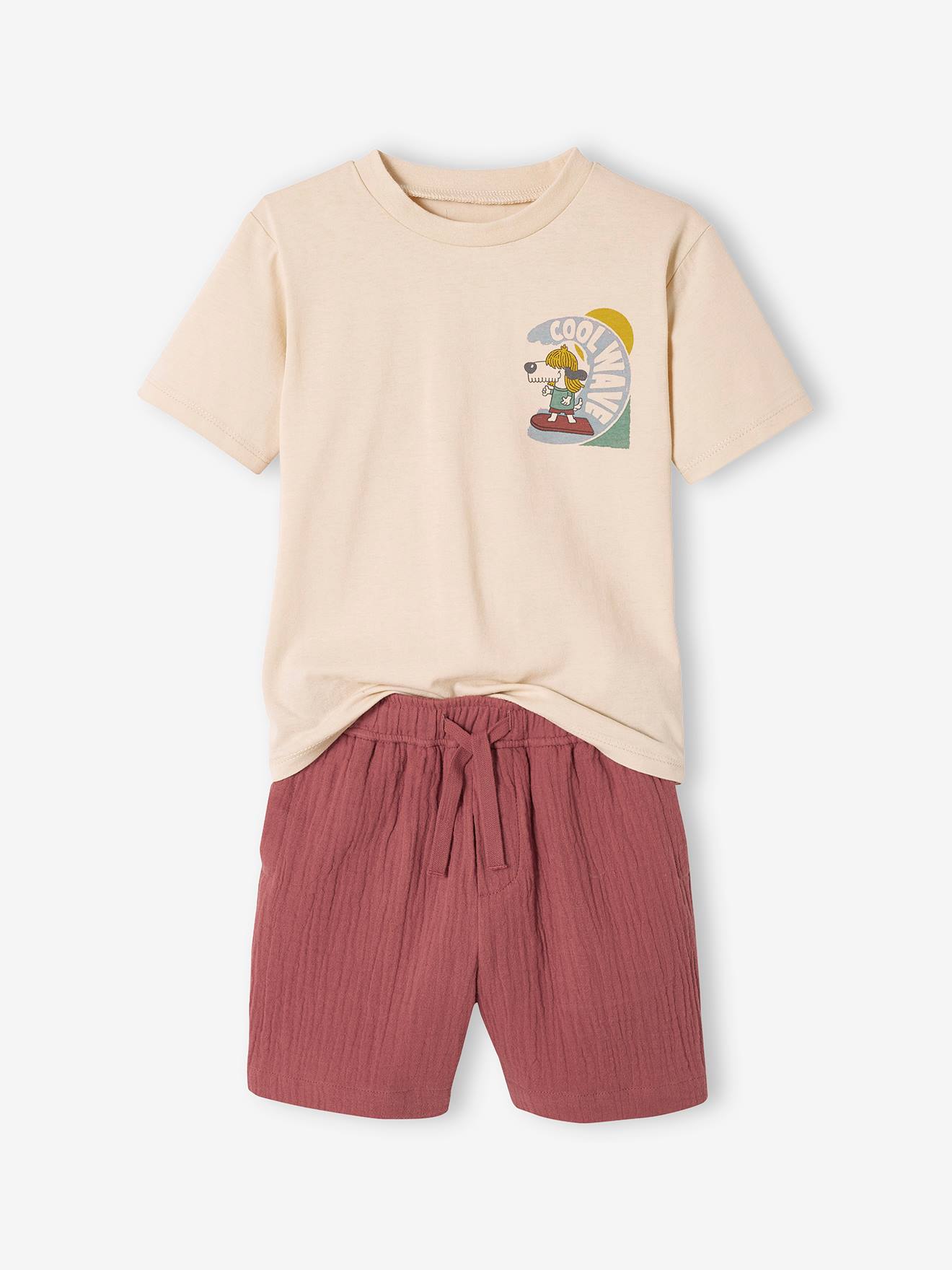Roupa do menino: camiseta e shorts de chiffon de algodão cor argila.