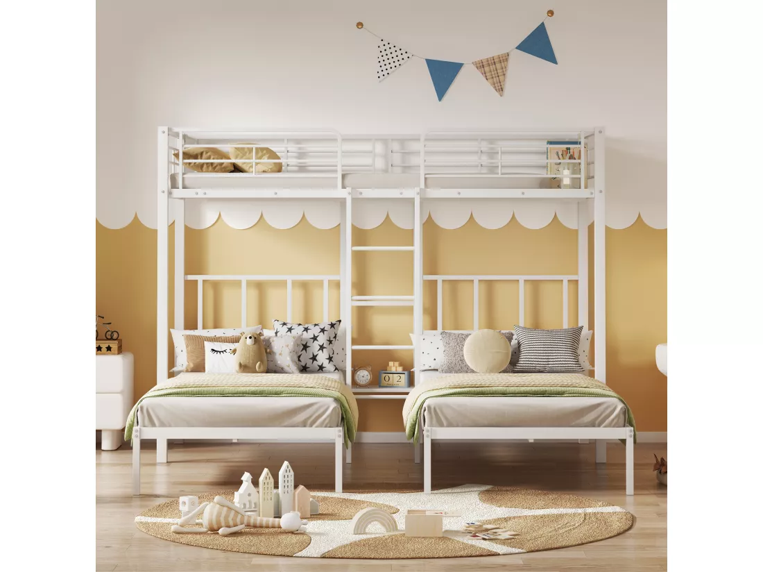 Lit superposé triple 3x90x200cm avec échelle et un plateau - cadre en métal - Blanc